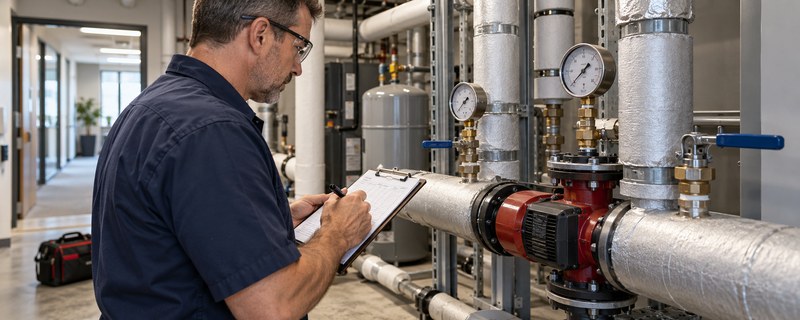 Technician completing a maintenance inspection in a building plant room