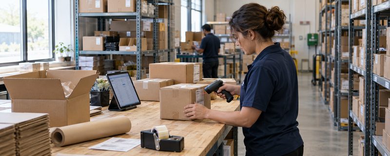 Worker scanning a labeled carton at a packing station