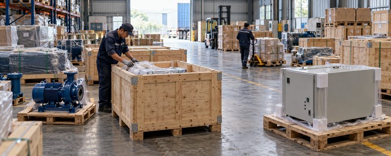 Workers preparing crated equipment and palletized goods in a warehouse