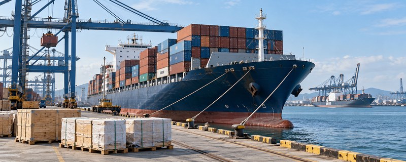 A container ship docked at a cargo port
