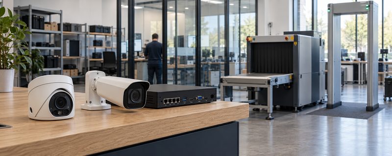 Surveillance cameras, a network video recorder, and security screening equipment in a modern facility