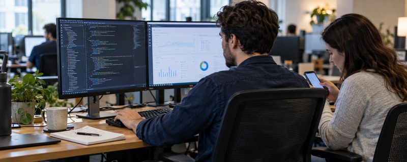 Developers working on software and a business dashboard